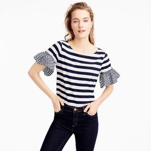 JCrew Gingham-Sleeved Stripe Top